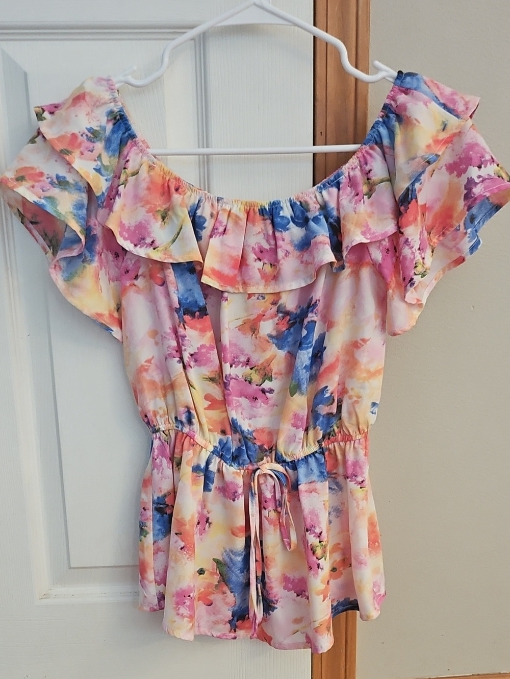 Women's Watercolor Floral Off-Shoulder Blouse- Pink/Blue